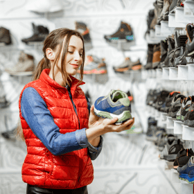 College student completing an internship in sports and sneaker culture, organizing shoes on display in a trendy sneaker store.