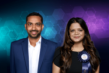 Akanksha Patel and Henis J. Patel headshots against teal and purple graphic background