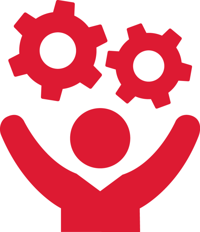 Graphic person holding arms up with two gears above it