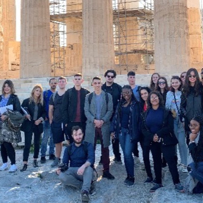 Students gathered in Athens infront of ruins